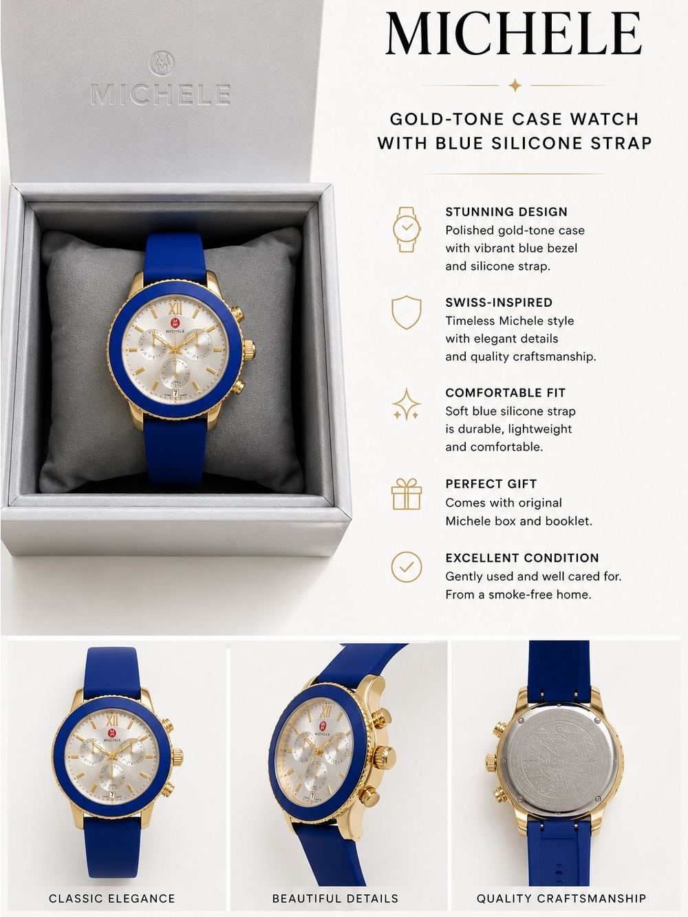Michele Gold-Tone Case Watch with Blue Silicone Strap